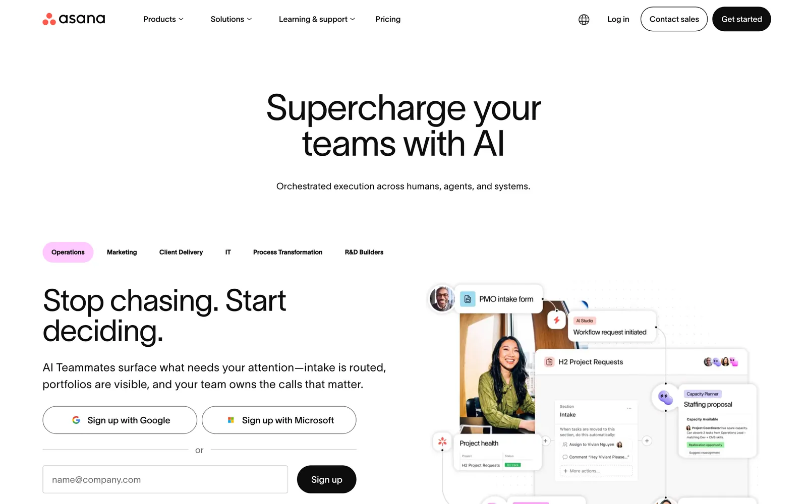 Asana homepage with the headline Supercharge your teams with AI and a section titled Stop chasing. Start deciding., beside an example of AI routing a project intake request
