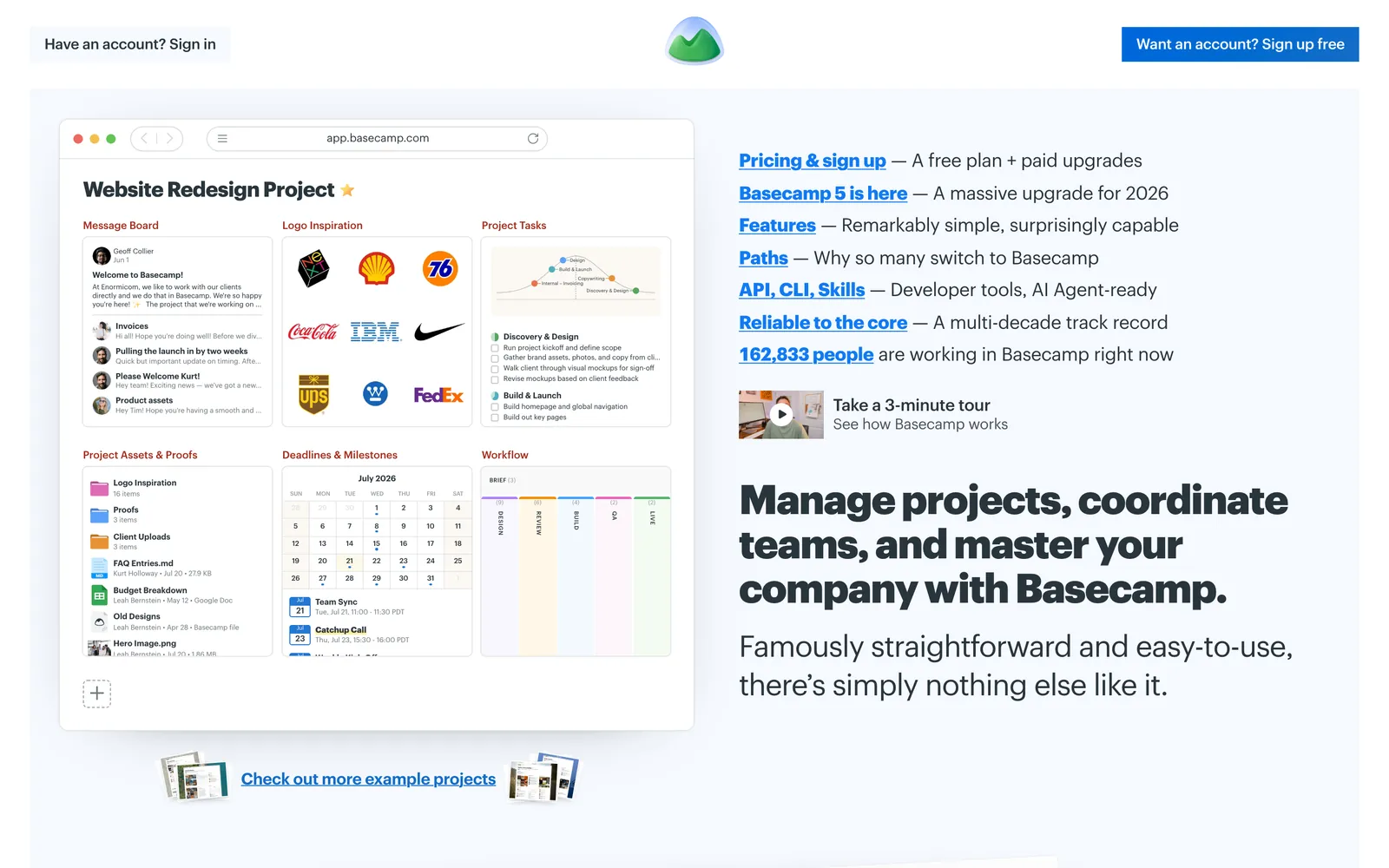 Basecamp homepage with the headline Manage projects, coordinate teams, and master your company with Basecamp, beside an example Website Redesign Project page with a message board, files, to-dos and a calendar