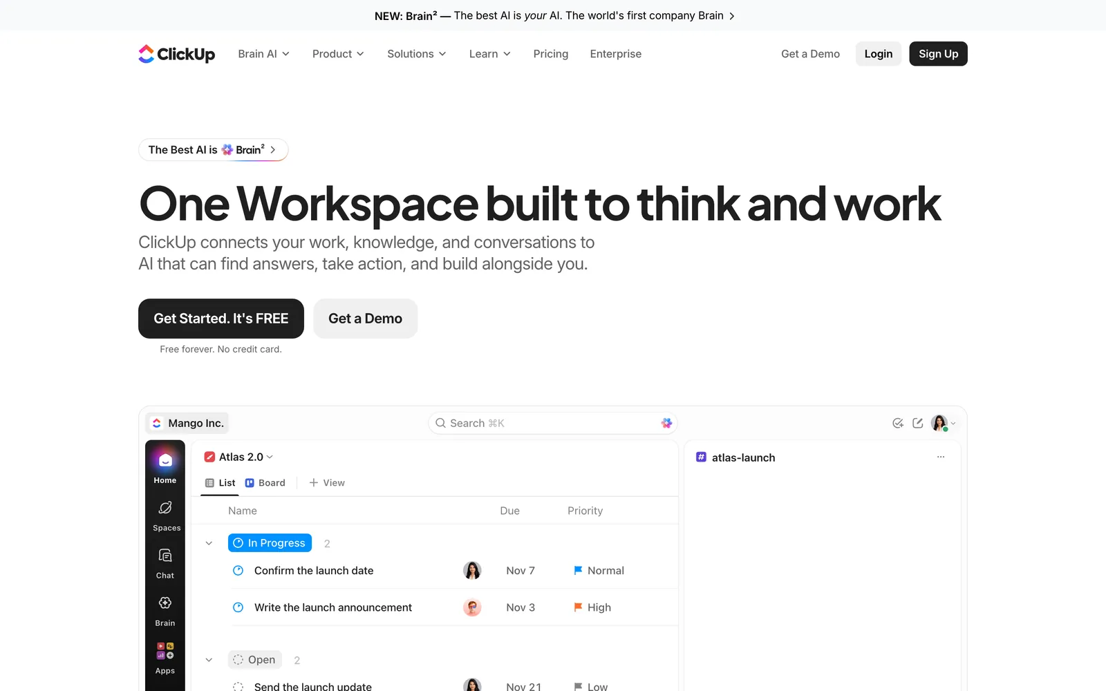 ClickUp homepage with the headline One Workspace built to think and work, above a task list grouped by status