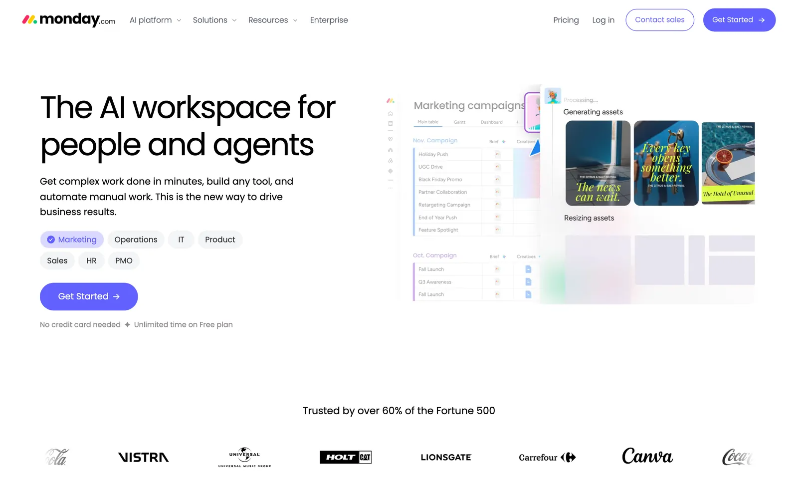 monday.com homepage with the headline The AI workspace for people and agents, next to a Marketing campaigns board