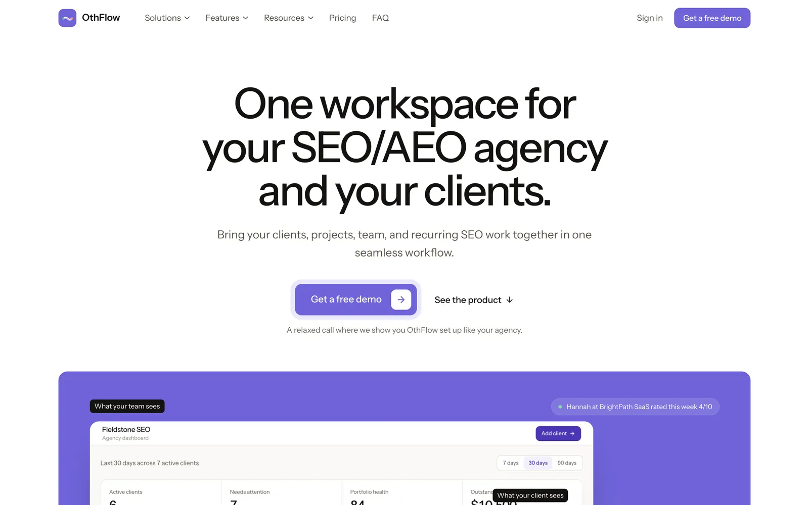 OthFlow homepage with the headline One workspace for your SEO/AEO agency and your clients, above a preview of the agency dashboard