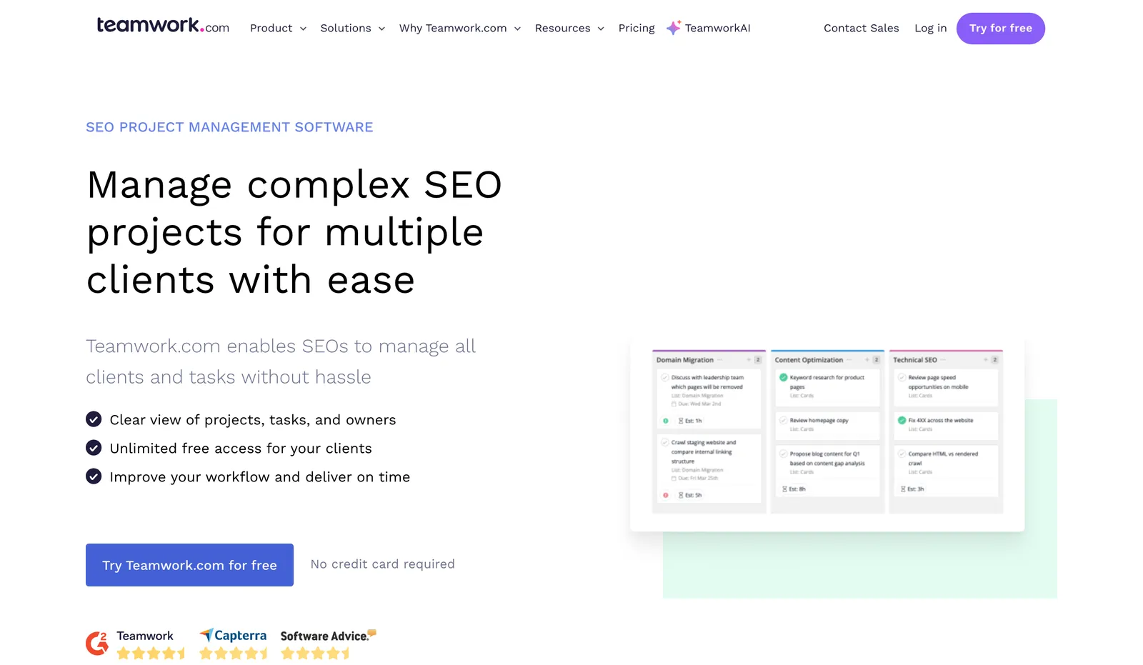 Teamwork.com’s SEO project management page with the headline Manage complex SEO projects for multiple clients with ease, next to a board with Domain Migration, Content Optimization and Technical SEO columns