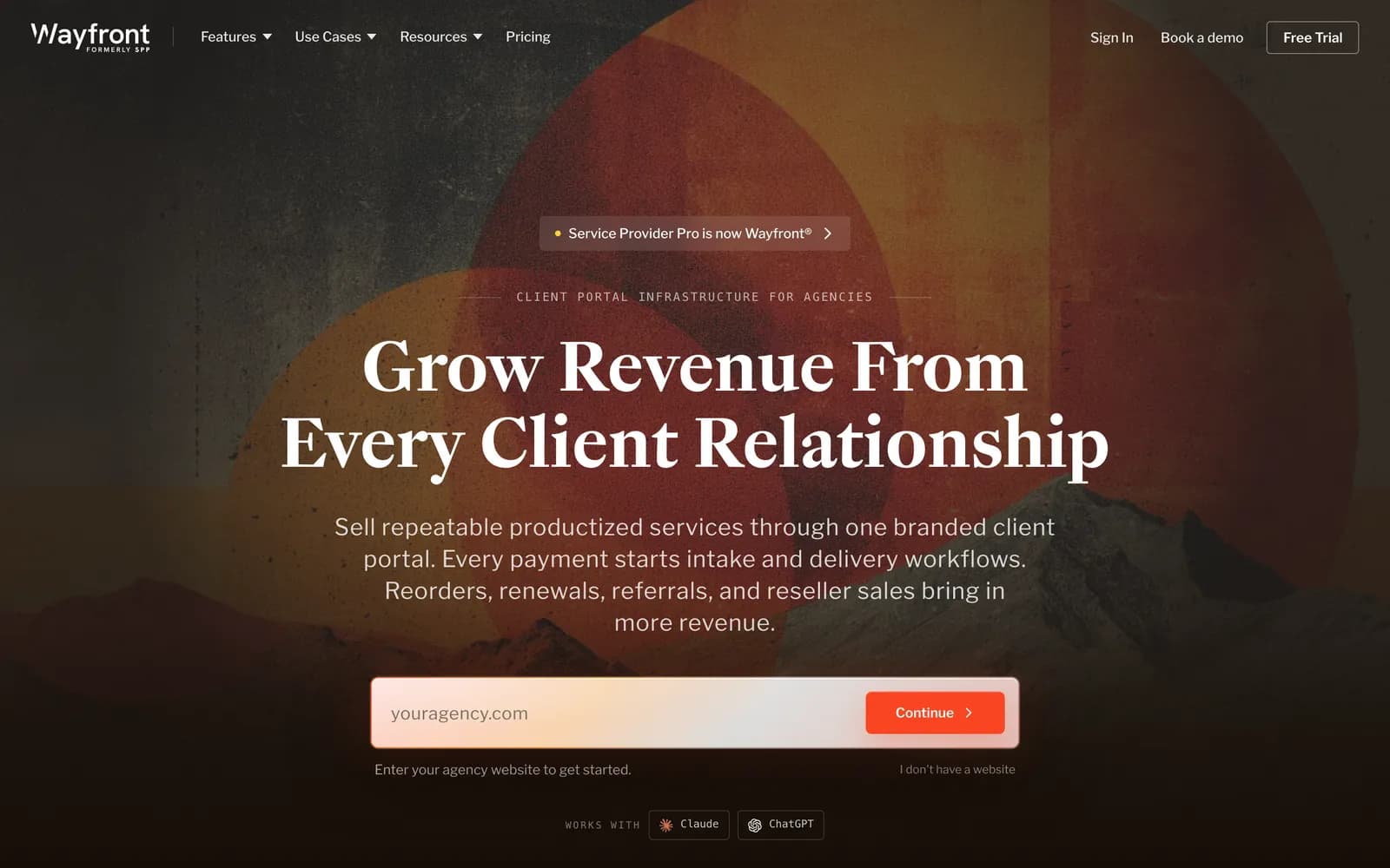 Wayfront homepage announcing that Service Provider Pro is now Wayfront, with the headline Grow Revenue From Every Client Relationship