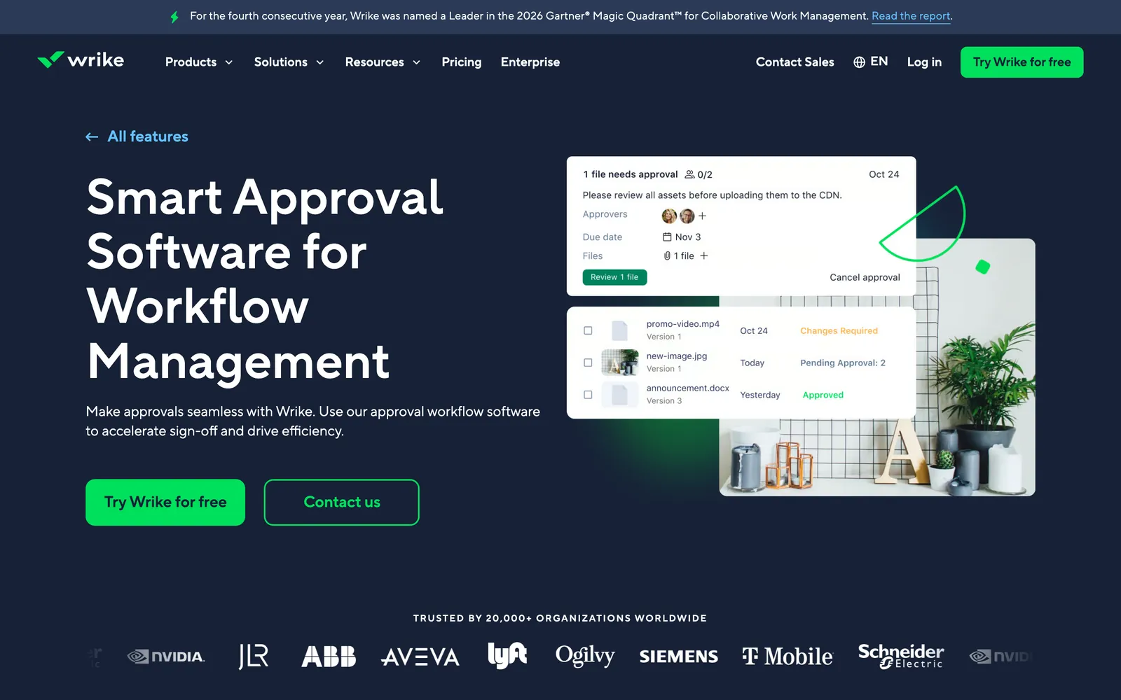 Wrike’s approvals feature page with the headline Smart Approval Software for Workflow Management, next to an approval card listing approvers and a due date, and files marked Changes Required, Pending Approval and Approved