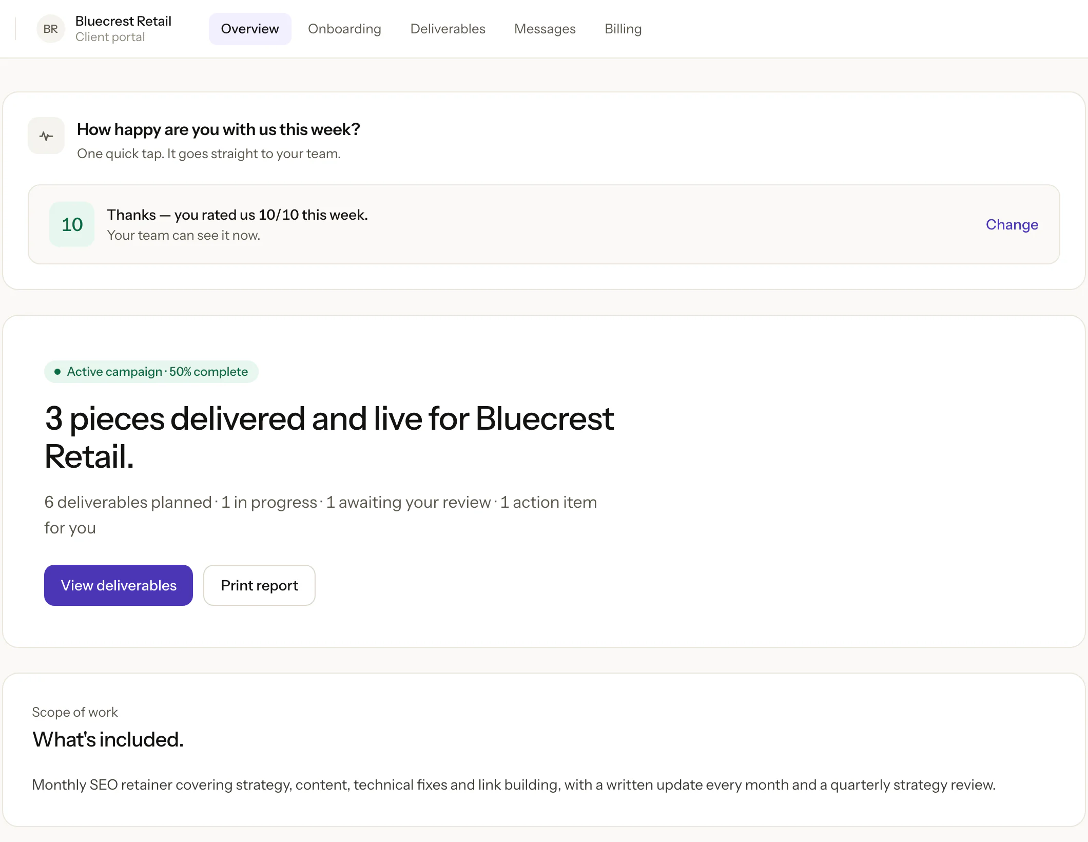A client's OthFlow portal showing a weekly rating, campaign progress, deliverable counts, and the scope of work.