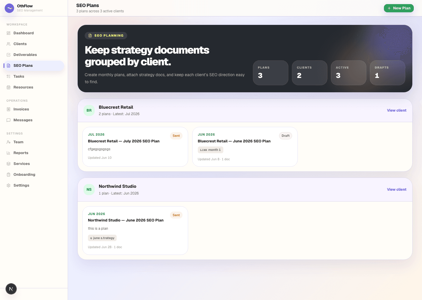 OthFlow SEO Plans page showing monthly strategy documents grouped by client, with plan status and last-updated dates.