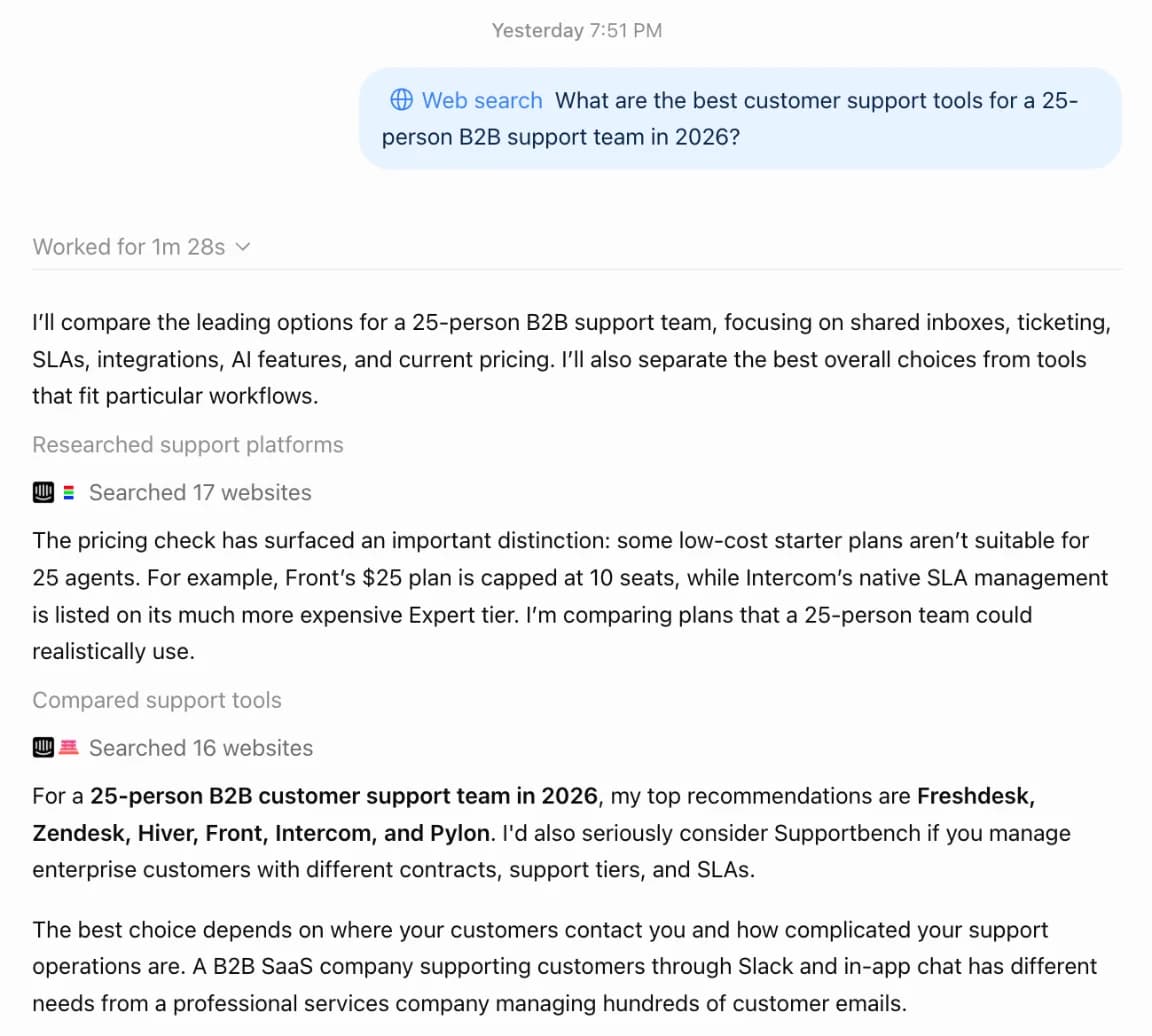 ChatGPT answering which of Front, Help Scout and Hiver suits a 20-person support team, after searching 17 websites