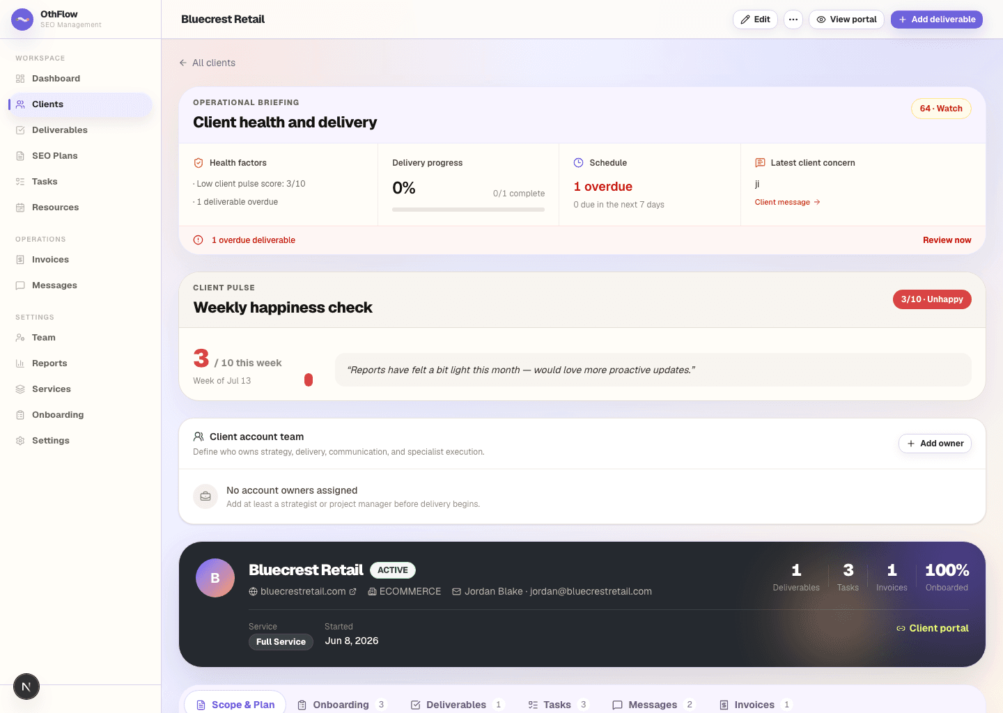 OthFlow client record showing delivery status, health score, weekly pulse check, and account details in one view.