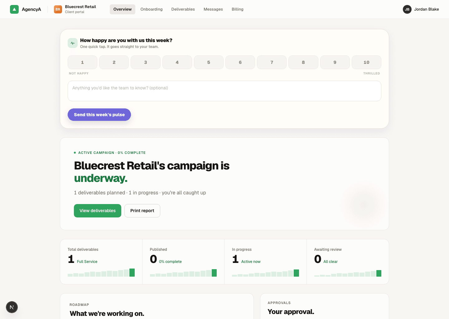 The OthFlow client portal showing a weekly happiness check, campaign progress, and deliverable status the client sees.