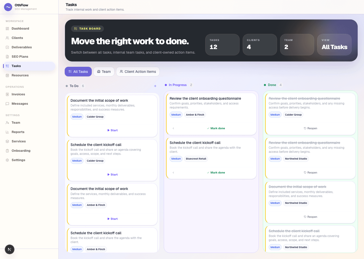 OthFlow task board showing to-do, in-progress, and done columns with each task's owner and client.
